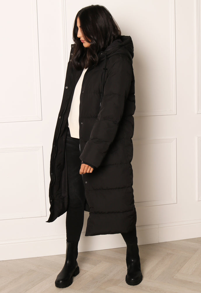 VILA Premium Northie Maxi Longline Down Puffer Coat with Hood in Black - One Nation Clothing