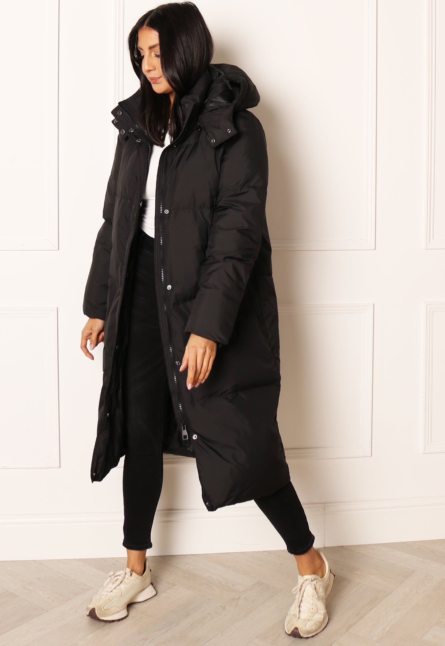 ONLY Alicia Midi Longline Down Padded Puffer Coat with Hood in Black - One Nation Clothing