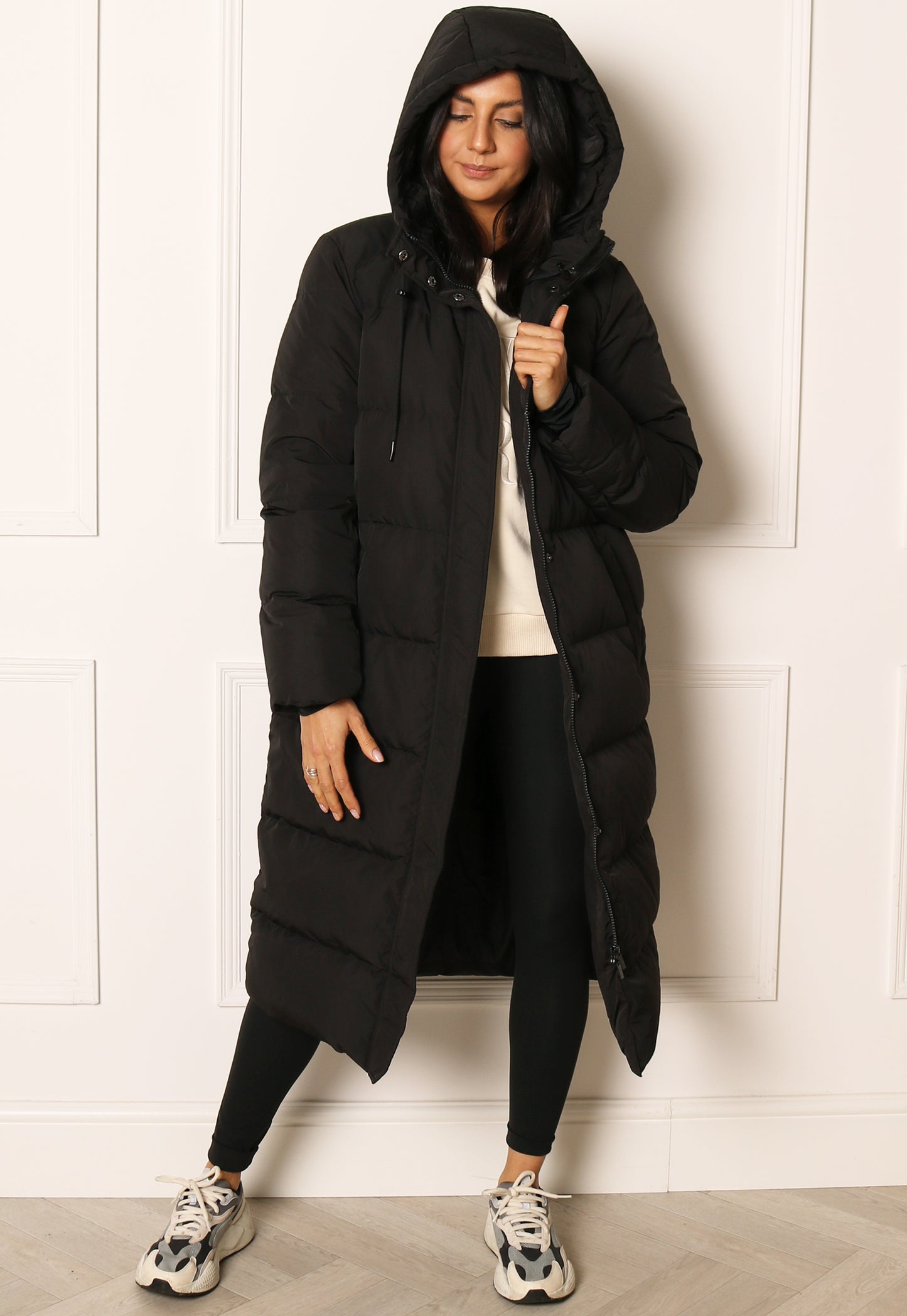 VILA Premium Northie Maxi Longline Down Puffer Coat with Hood in Black - One Nation Clothing
