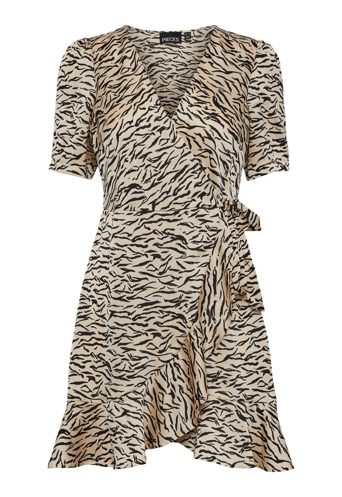 
                  
                    PIECES Juliet Animal Print Satin Frill Wrap Mini Dress in Cream & Black - One Nation Clothing
                  
                