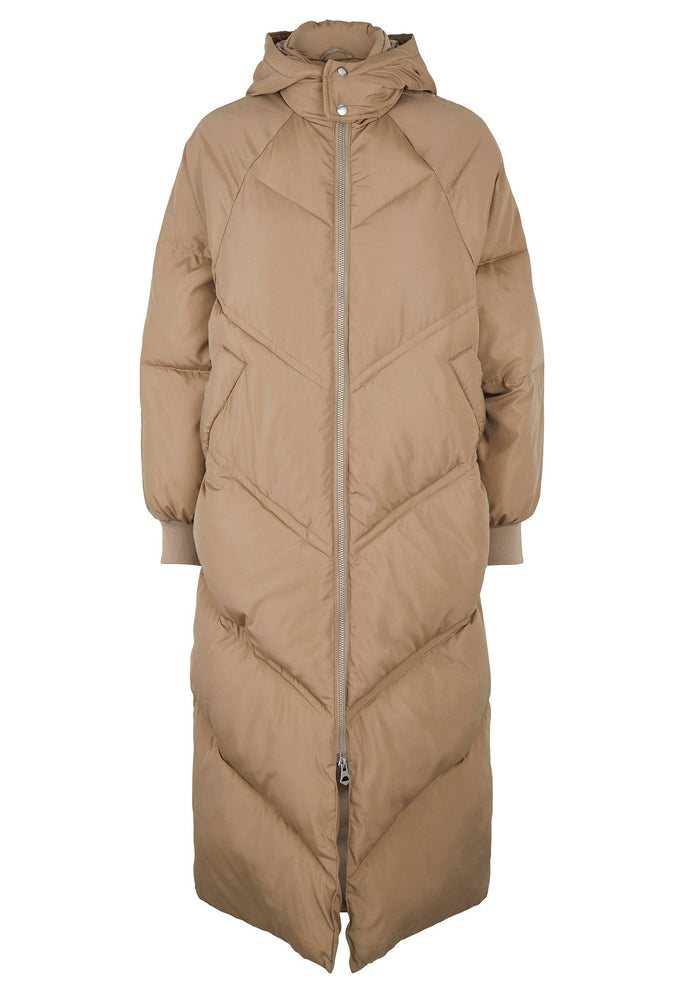 
                  
                    PIECES Felicity Maxi Longline Chevron Duvet Puffer Coat with Hood in Beige - One Nation Clothing
                  
                