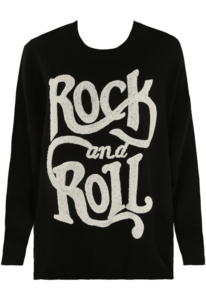 
                  
                    Wavy Rock and Roll Slogan Oversized Soft Knit Jumper in Black & White - One Nation Clothing
                  
                