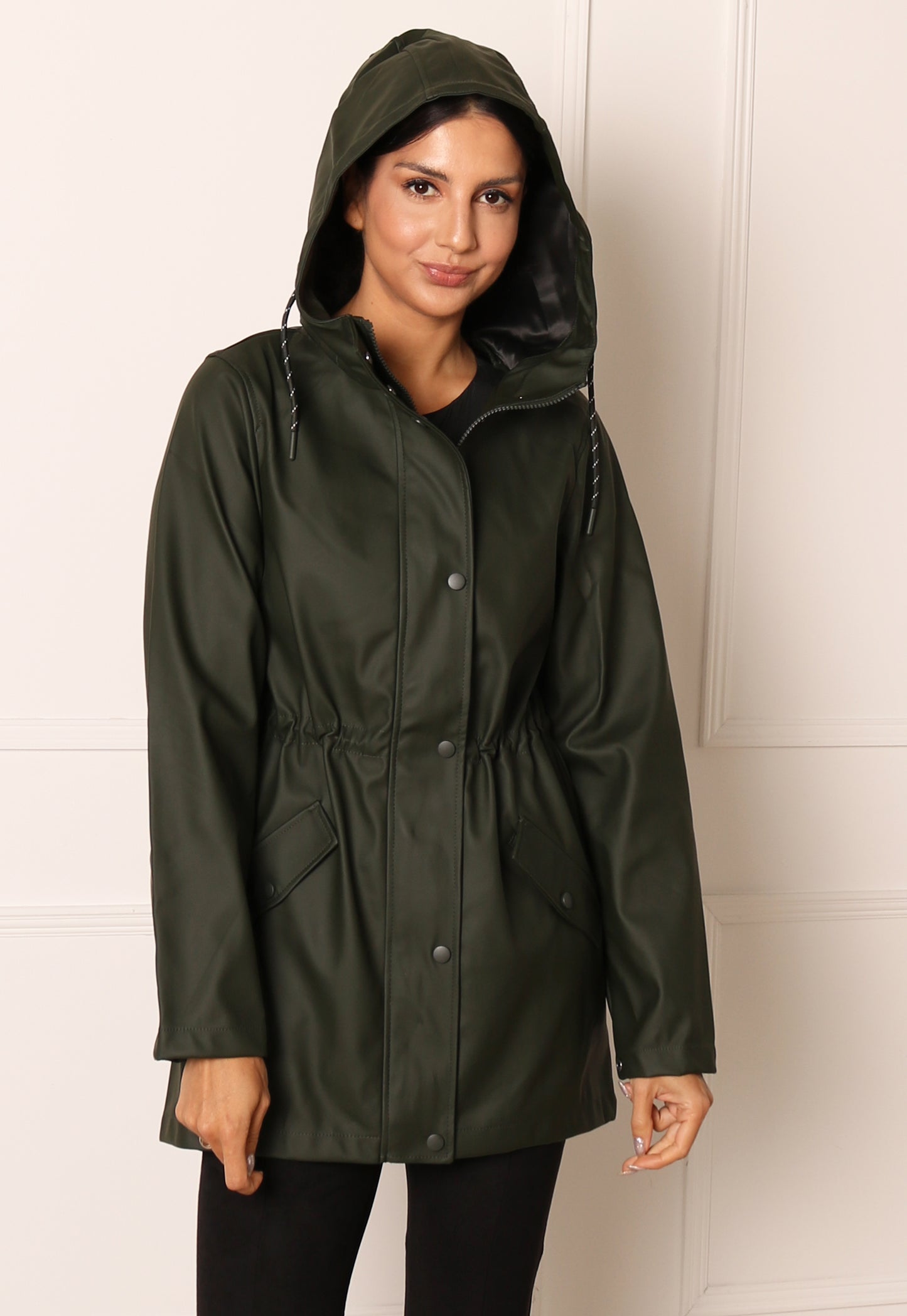 VERO MODA Lou Rubberised Matte Hooded Raincoat Mac in Khaki | One Clothing MODA Khaki Green Matte Hooded Waterproof Raincoat Anorak