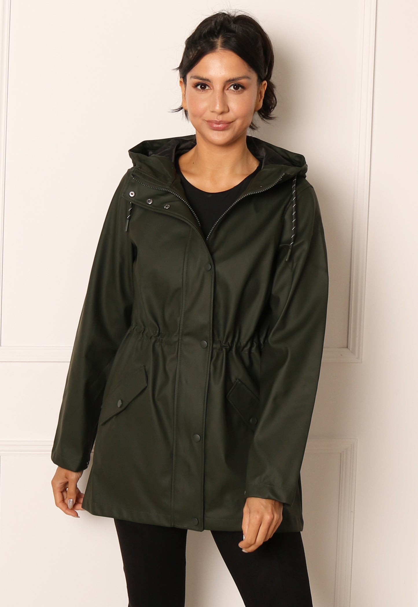 VERO MODA Lou Rubberised Matte Hooded Raincoat Mac in Khaki - One Nation Clothing