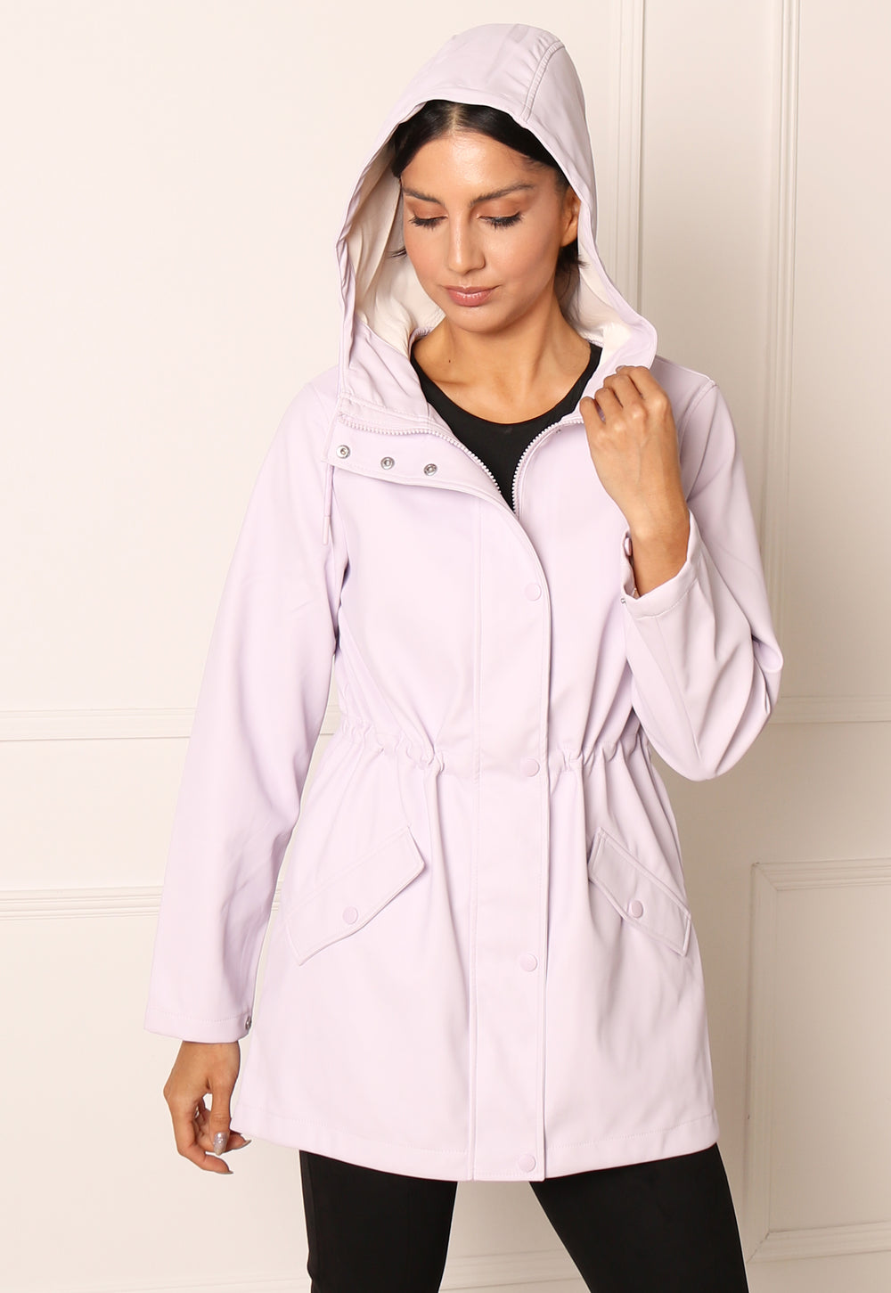 VERO MODA Lou Rubberised Matte Hooded Raincoat Mac in Lilac - One Nation Clothing