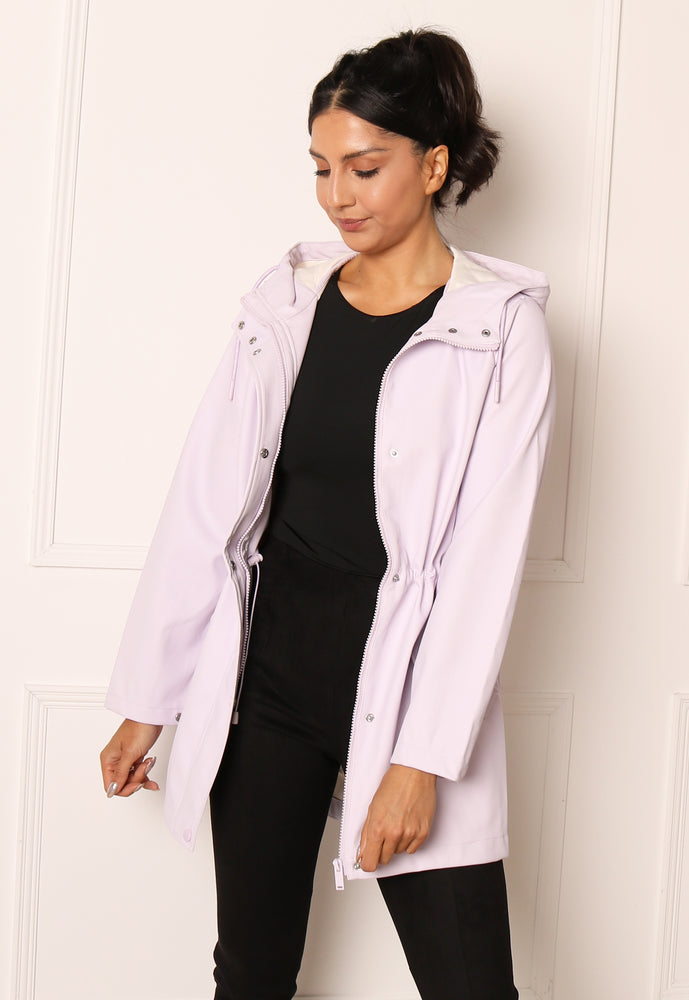 VERO MODA Lou Rubberised Matte Hooded Raincoat Mac in Lilac - One Nation Clothing