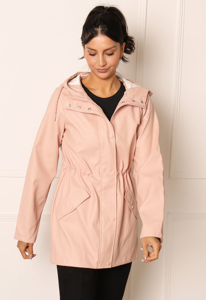 VERO MODA Lou Rubberised Matte Hooded Raincoat Mac in Dusky Pink - One Nation Clothing