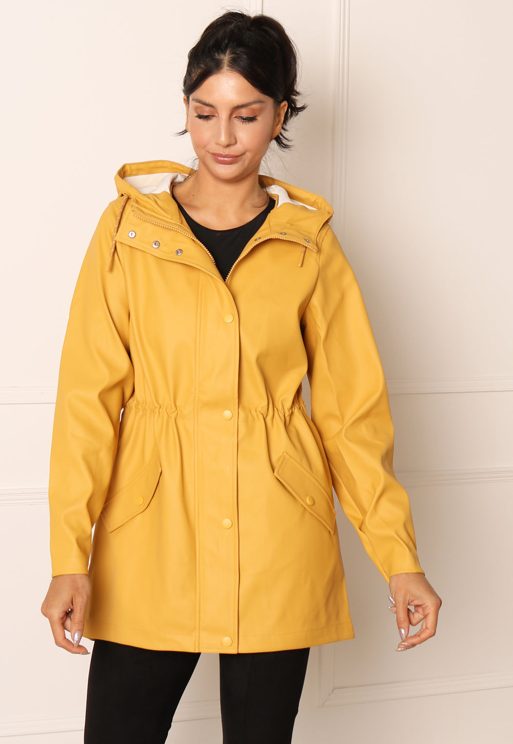 VERO MODA Lou Rubberised Matte Hooded Raincoat Mac in Yellow | One Nation Clothing VERO MODA Mustard Yellow Hooded Waterproof Anorak Mac