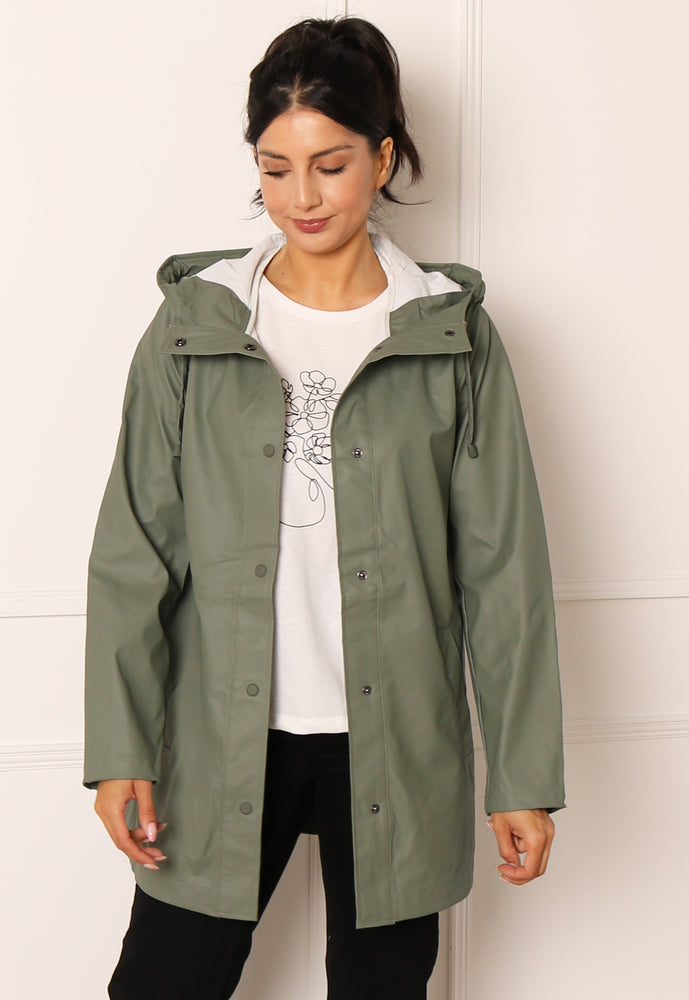 ONLY Ellen Rubberised Matte Hooded Raincoat Mac in Mid Khaki - One Nation Clothing