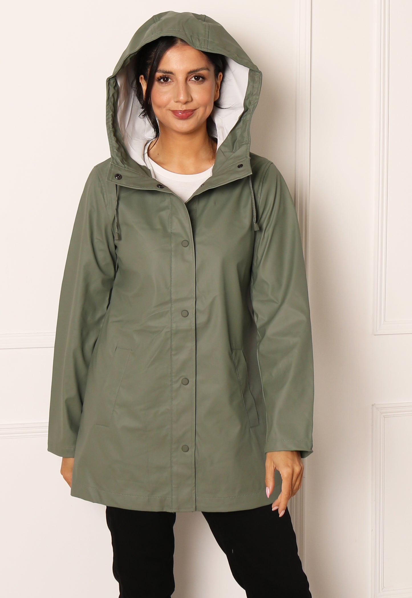 ONLY Ellen Rubberised Matte Hooded Raincoat Mac in Mid Khaki - One Nation Clothing