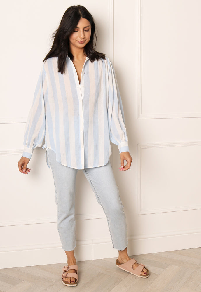 
                  
                    VILA Stripe Lightweight Oversized Cotton Shirt in Blue & White - One Nation Clothing
                  
                