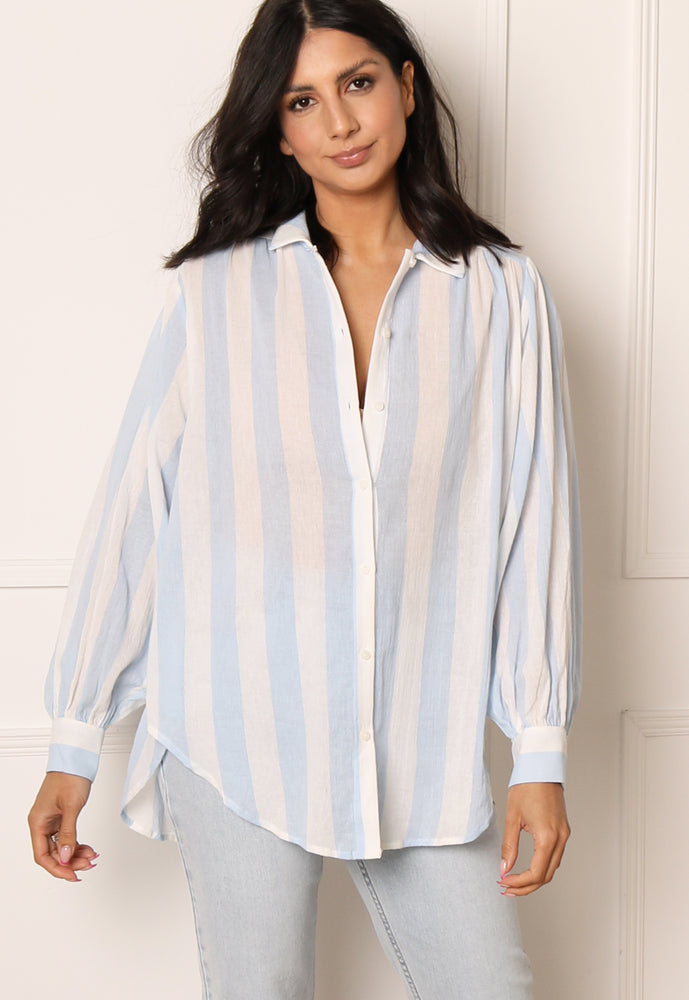 VILA Stripe Lightweight Oversized Cotton Shirt in Blue & White - One Nation Clothing