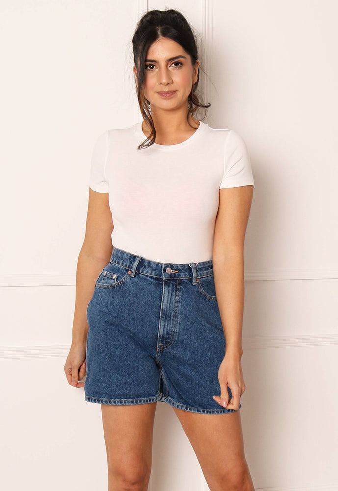 ONLY High Waisted Denim Mom Shorts in Mid Blue - One Nation Clothing