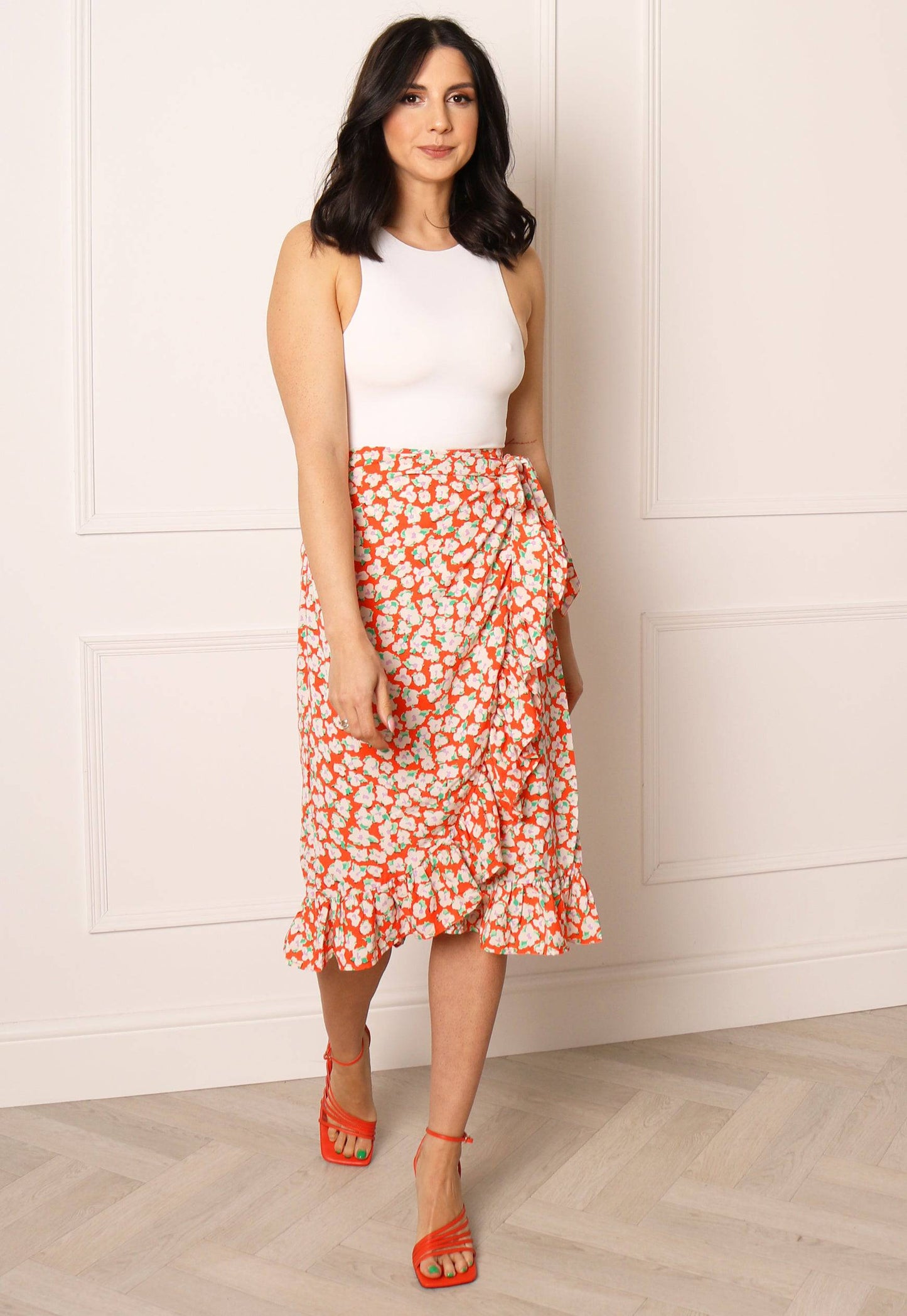 VERO MODA Olea Floral Print Frill Wrap Midi Skirt in Tomato Red - One Nation Clothing