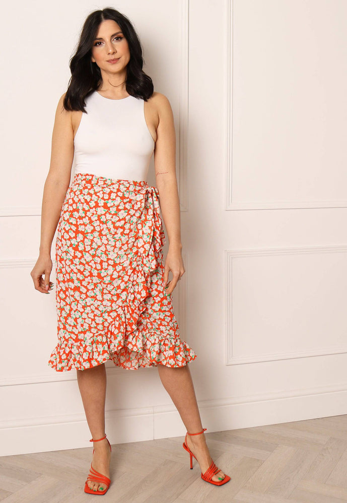 
                  
                    VERO MODA Olea Floral Print Frill Wrap Midi Skirt in Tomato Red - One Nation Clothing
                  
                