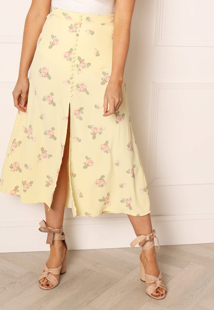 GLAMOROUS Rose Print Button Detail Slip Skirt in Lemon Yellow - One Nation Clothing