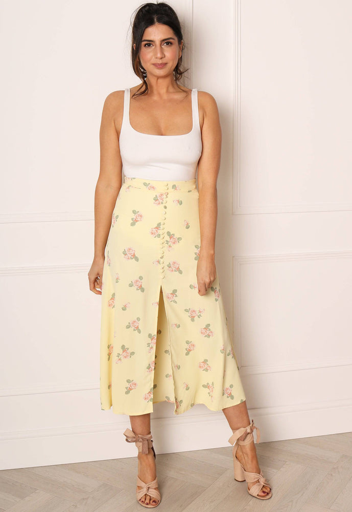 
                  
                    GLAMOROUS Rose Print Button Detail Slip Skirt in Lemon Yellow - One Nation Clothing
                  
                