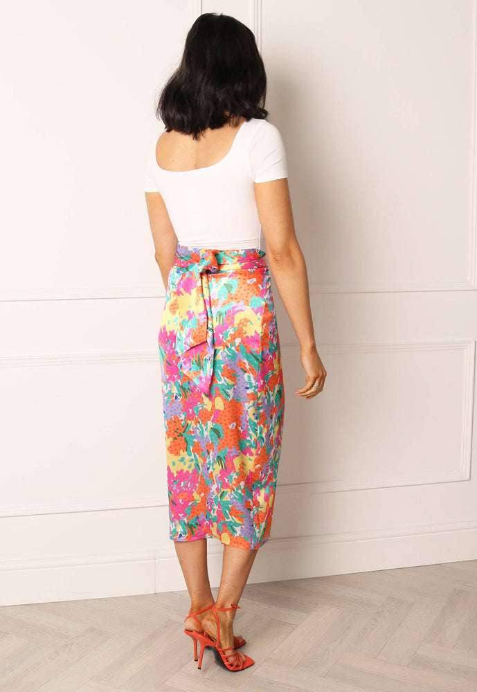 
                  
                    Printed Satin Wrap Midi Skirt in Bright Multi Floral - One Nation Clothing
                  
                