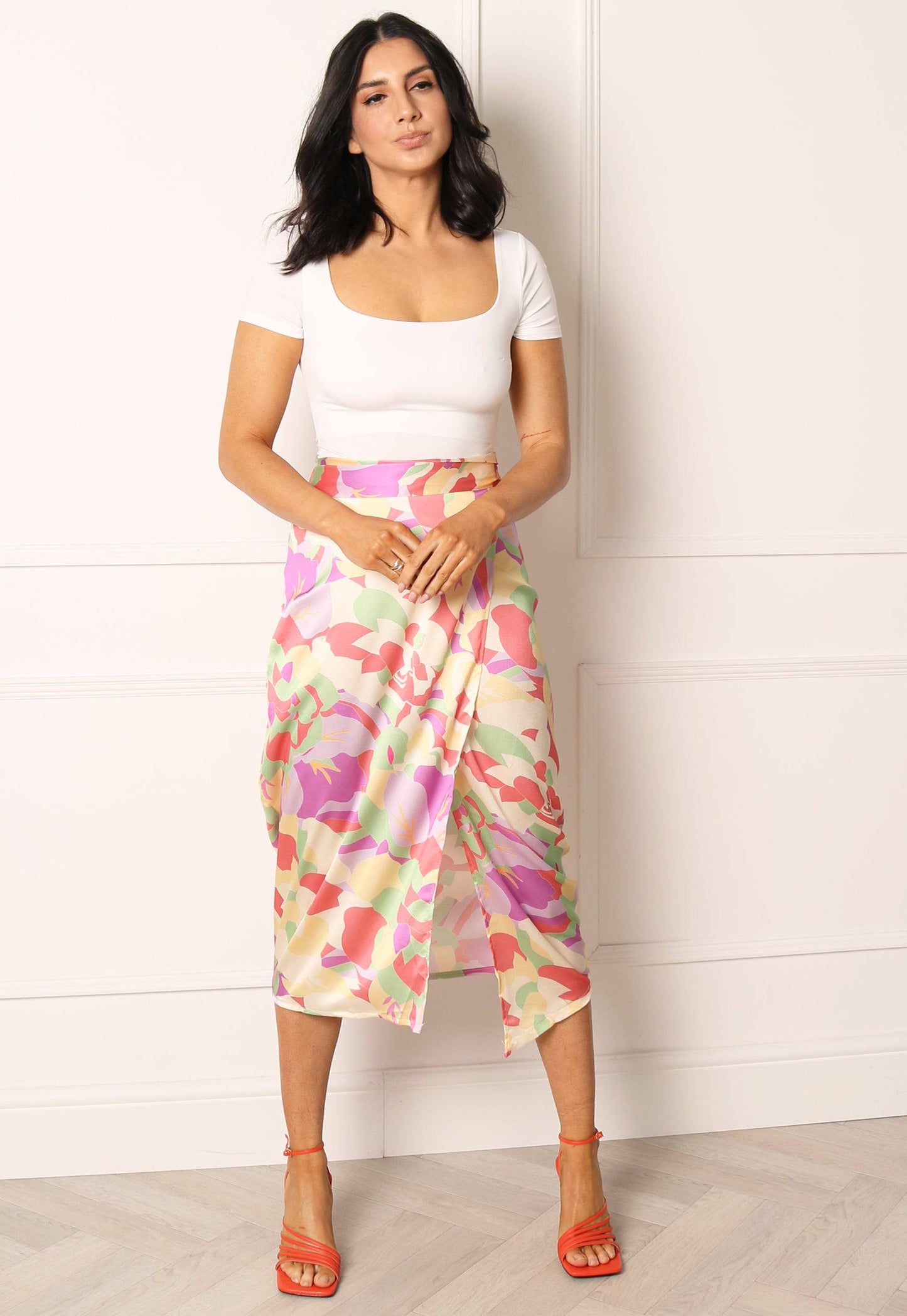 
                  
                    Printed Satin Wrap Midi Skirt in Pastel Pink & Yellow Floral - One Nation Clothing
                  
                