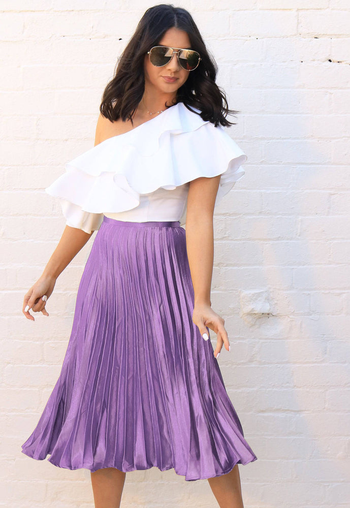 Metallic Satin Pleated High Waisted Midi Skirt in Lilac - One Nation Clothing