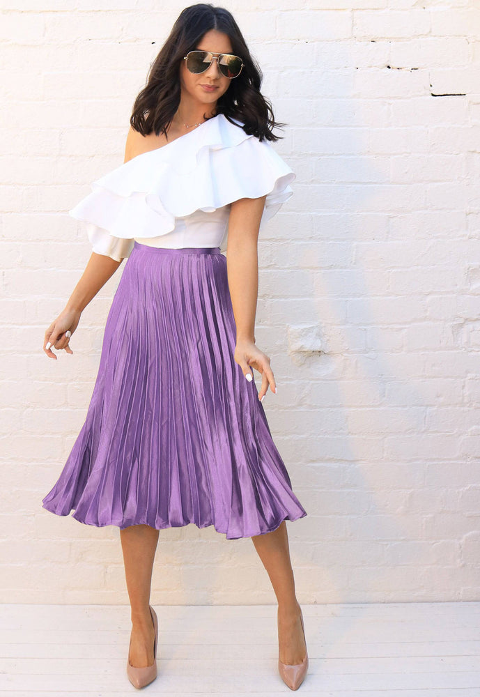 
                  
                    Metallic Satin Pleated High Waisted Midi Skirt in Lilac - One Nation Clothing
                  
                