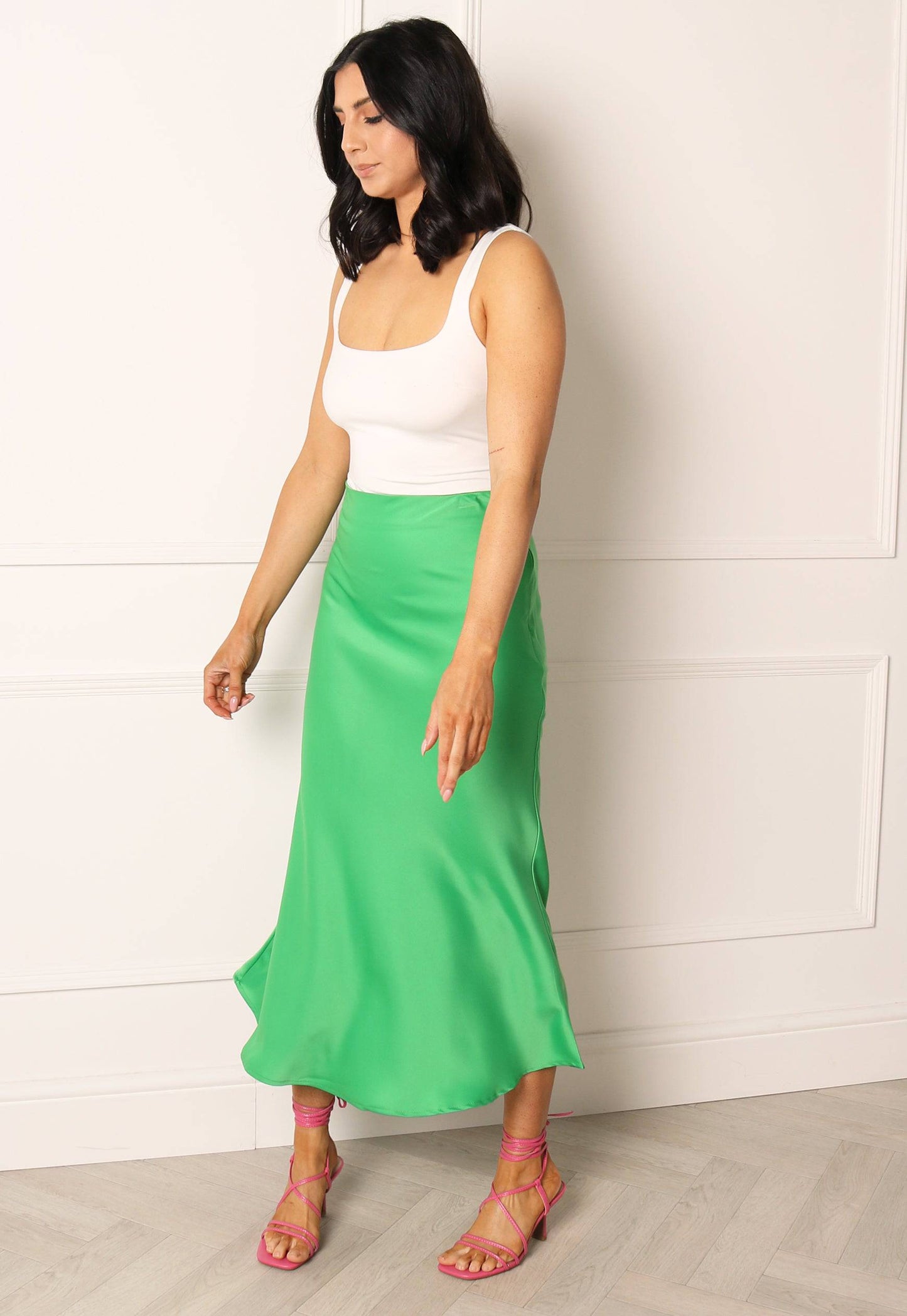 
                  
                    VILA Michu Bias Cut Satin Midi Slip Skirt in Bright Green - One Nation Clothing
                  
                