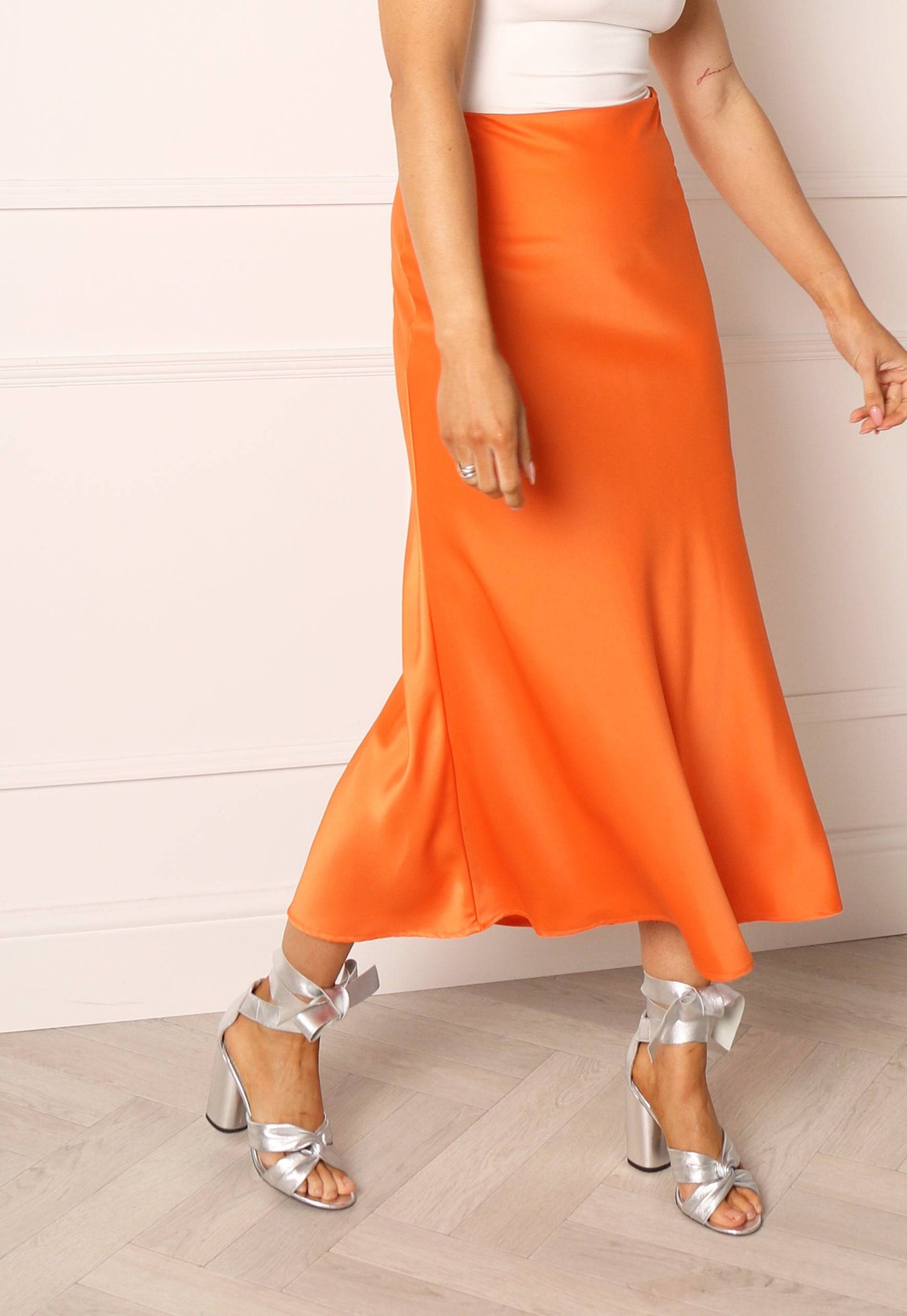 
                  
                    VILA Michu Bias Cut Satin Midi Slip Skirt in Bright Orange - One Nation Clothing
                  
                