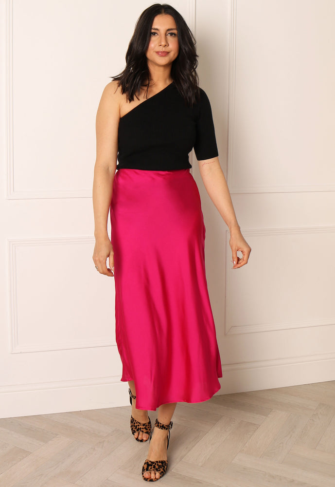 VERO MODA Heart Bias Cut Satin Midi Slip Skirt in Fuchsia Pink - One Nation Clothing