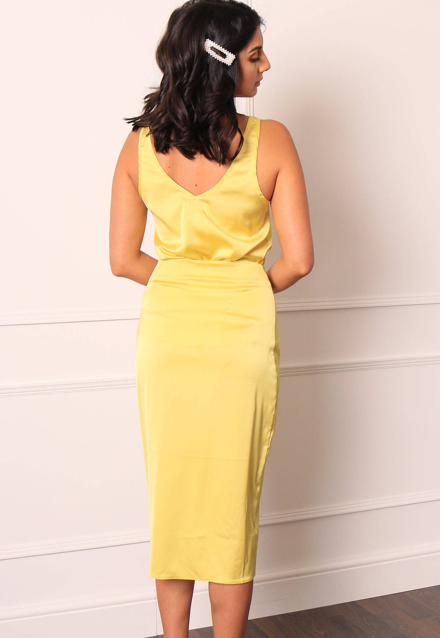 
                  
                    Satin Wrap Over Curve Hem Midi Skirt in Lemon Yellow - One Nation Clothing
                  
                