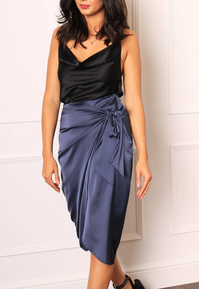 
                  
                    Satin Wrap Over Curve Hem Midi Skirt in French Navy - One Nation Clothing
                  
                