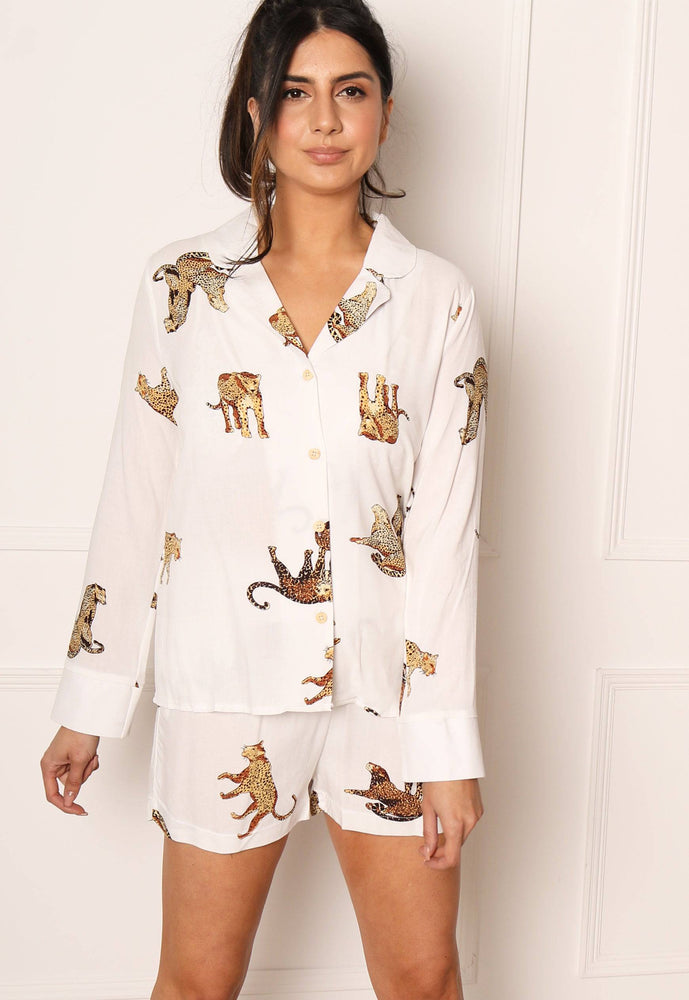 Leopard Print Long Sleeve Shirt & Shorts Pyjamas Set in Cream - One Nation Clothing