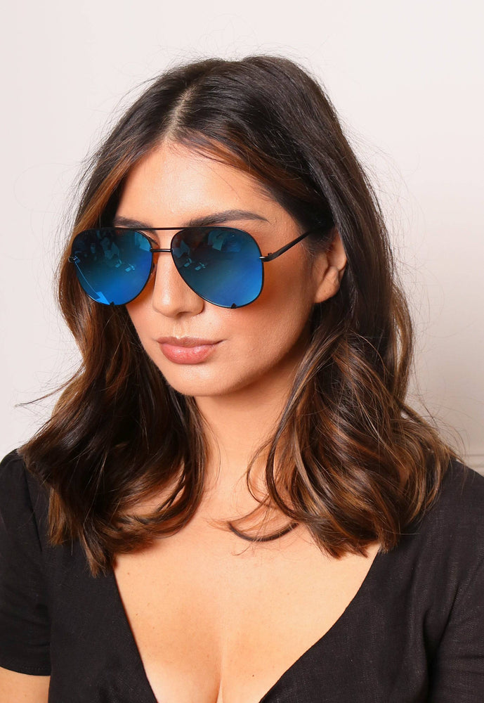 Gili Oversized Metal Frame Aviator Sunglasses in Blue Mirrored Lens with Black Frame - One Nation Clothing
