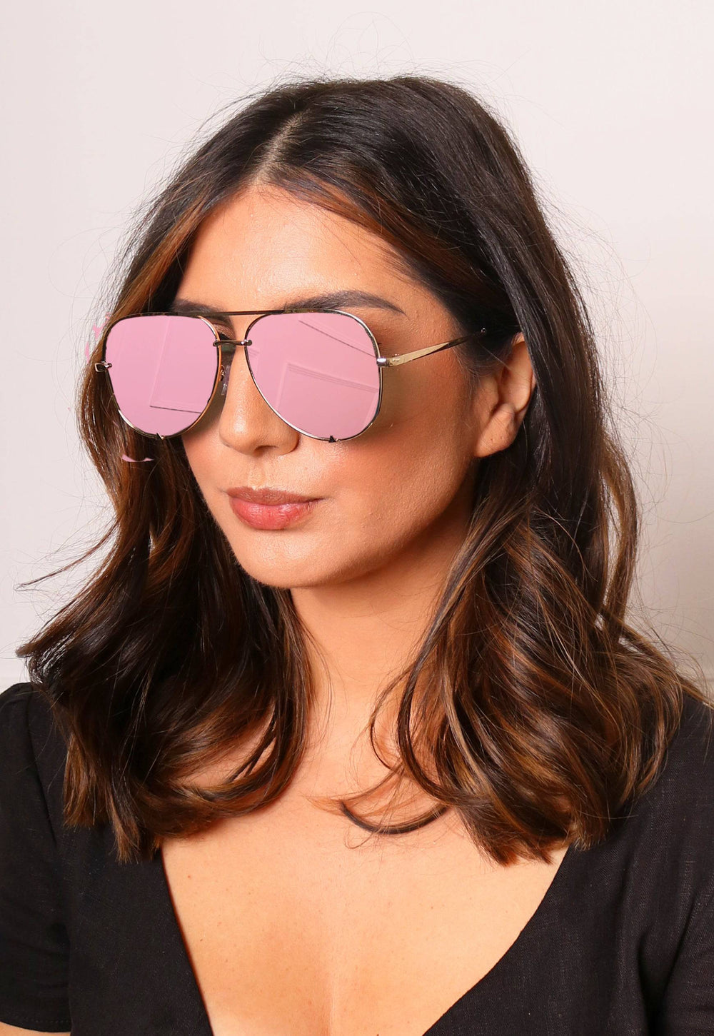 Gili Oversized Metal Frame Aviator Sunglasses in Pink Mirrored Lens with Gold Frame - One Nation Clothing