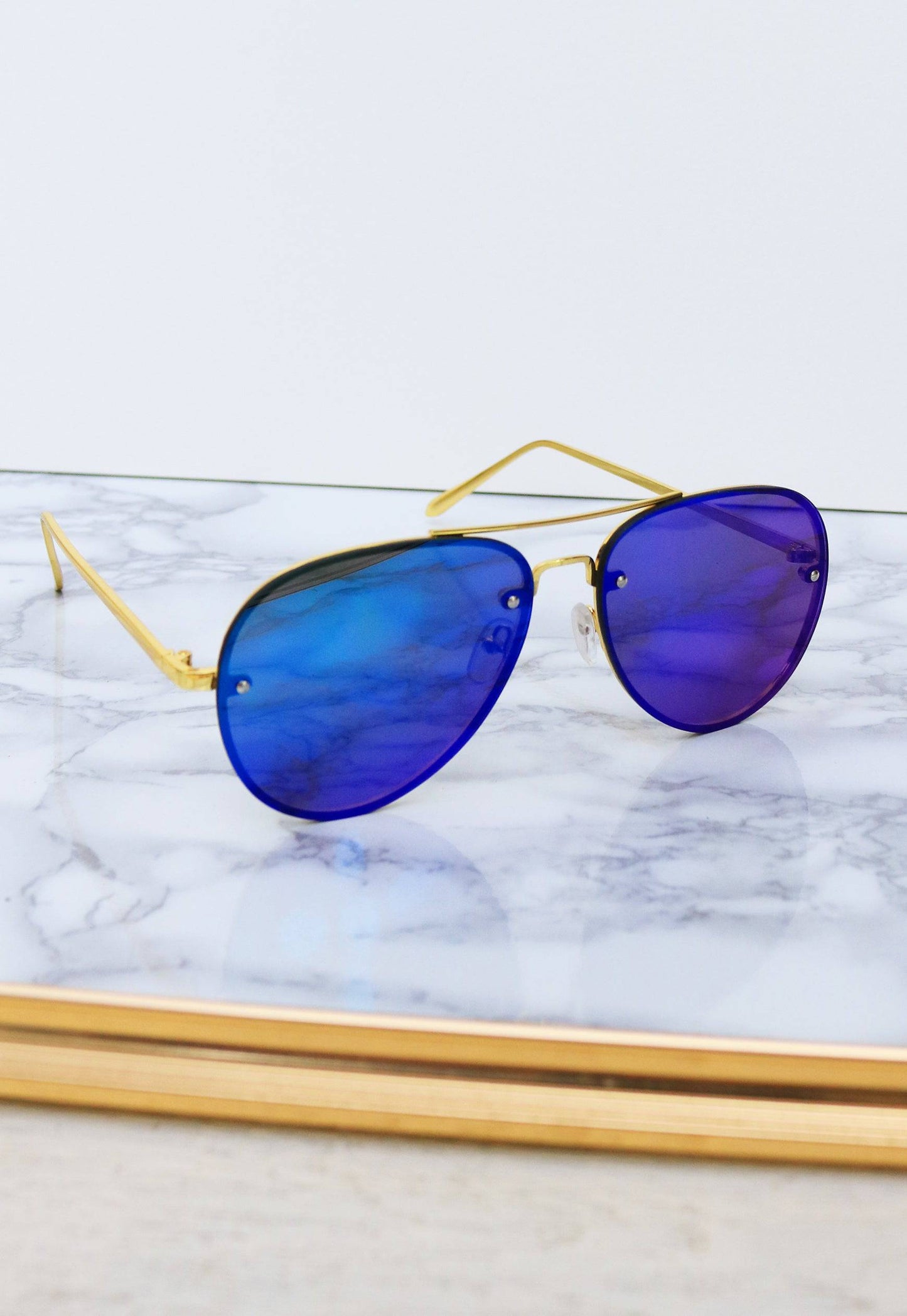 Lana Metal Rim Mirrored Lens Oversized Aviator Sunglasses in Blue with Gold Frame - One Nation Clothing