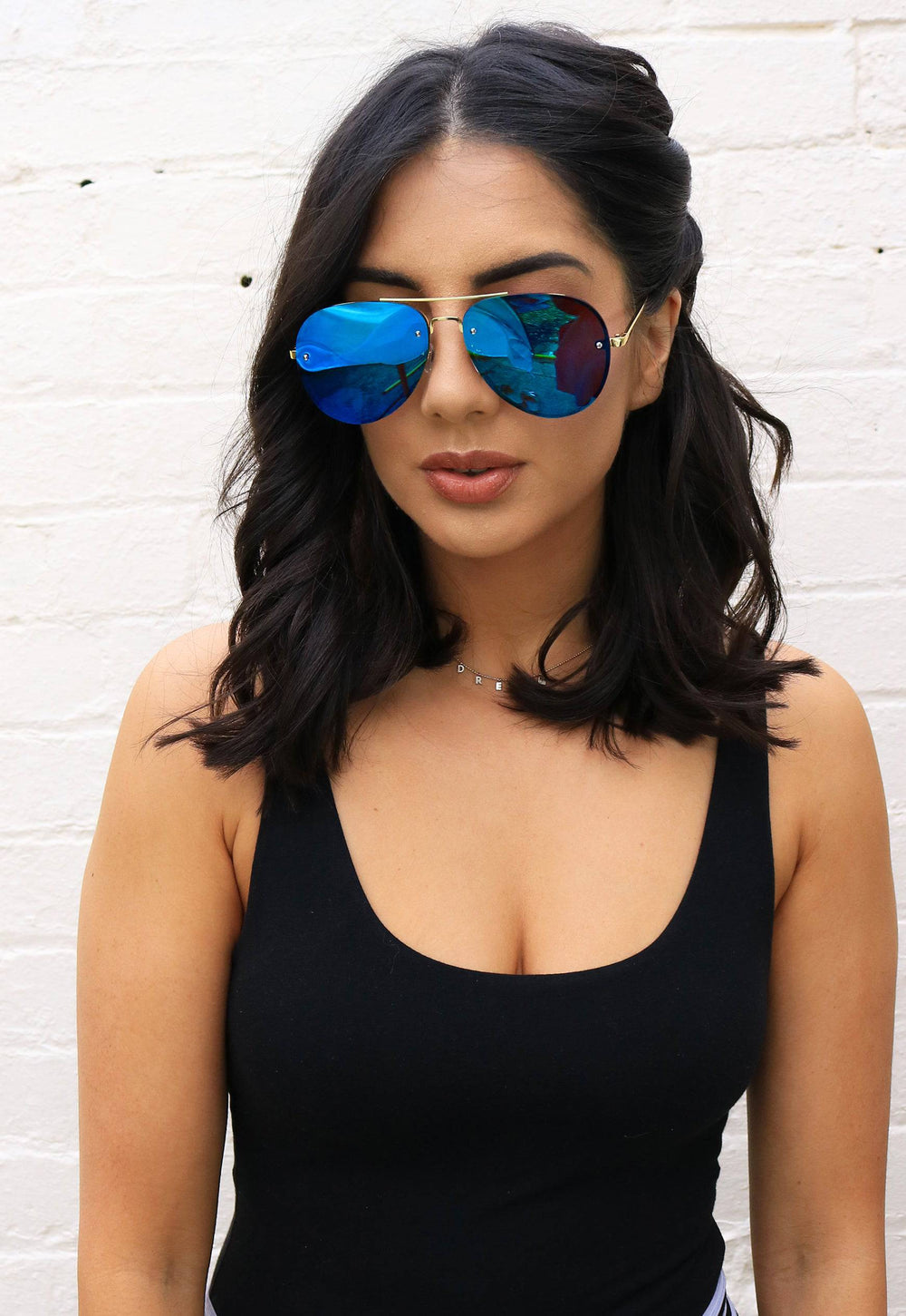 Lana Metal Rim Mirrored Lens Oversized Aviator Sunglasses in Blue with Gold Frame - One Nation Clothing
