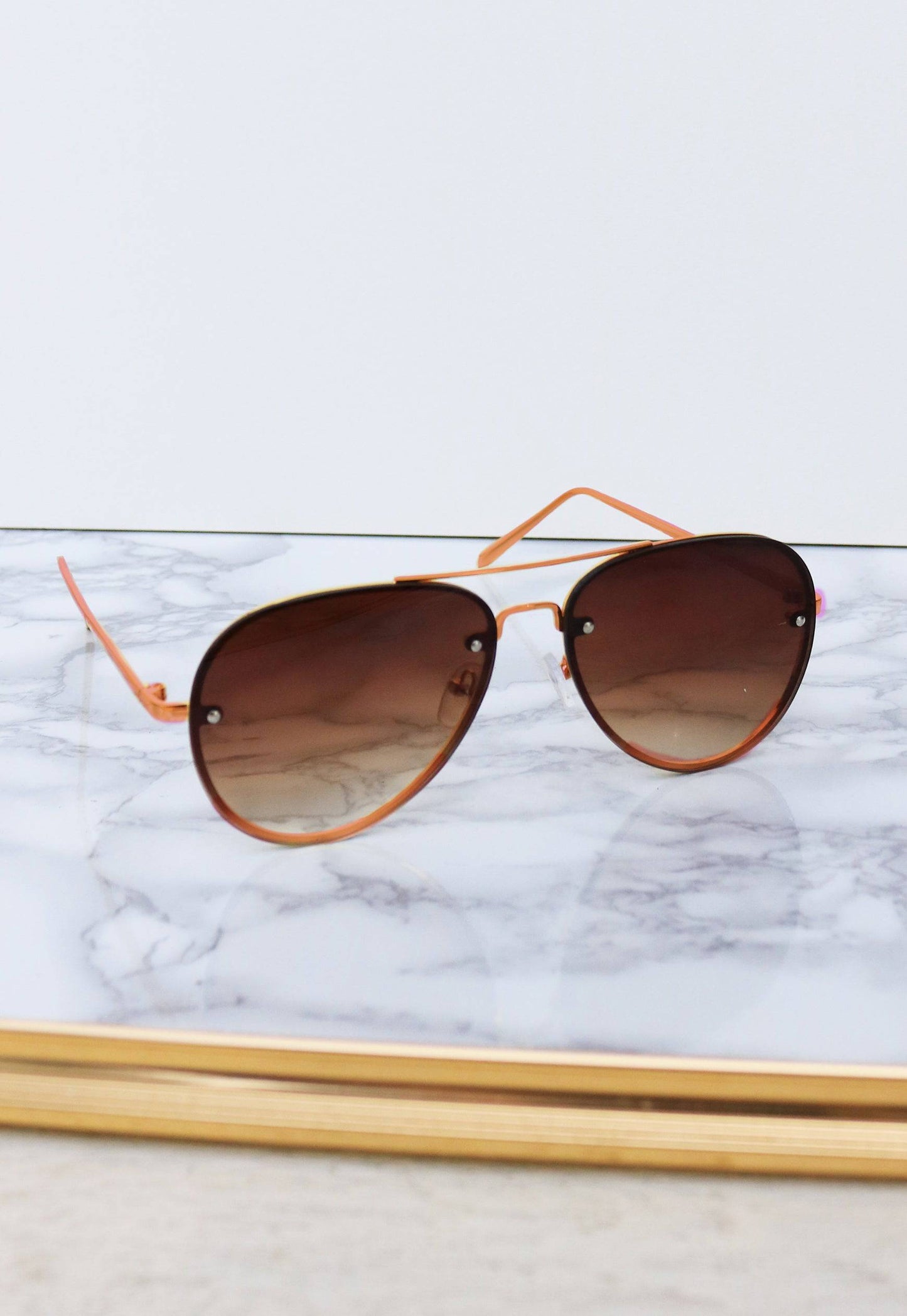 Lana Metal Rim Graduated Lens Oversized Aviator Sunglasses in Brown with Rose Gold Frame - One Nation Clothing