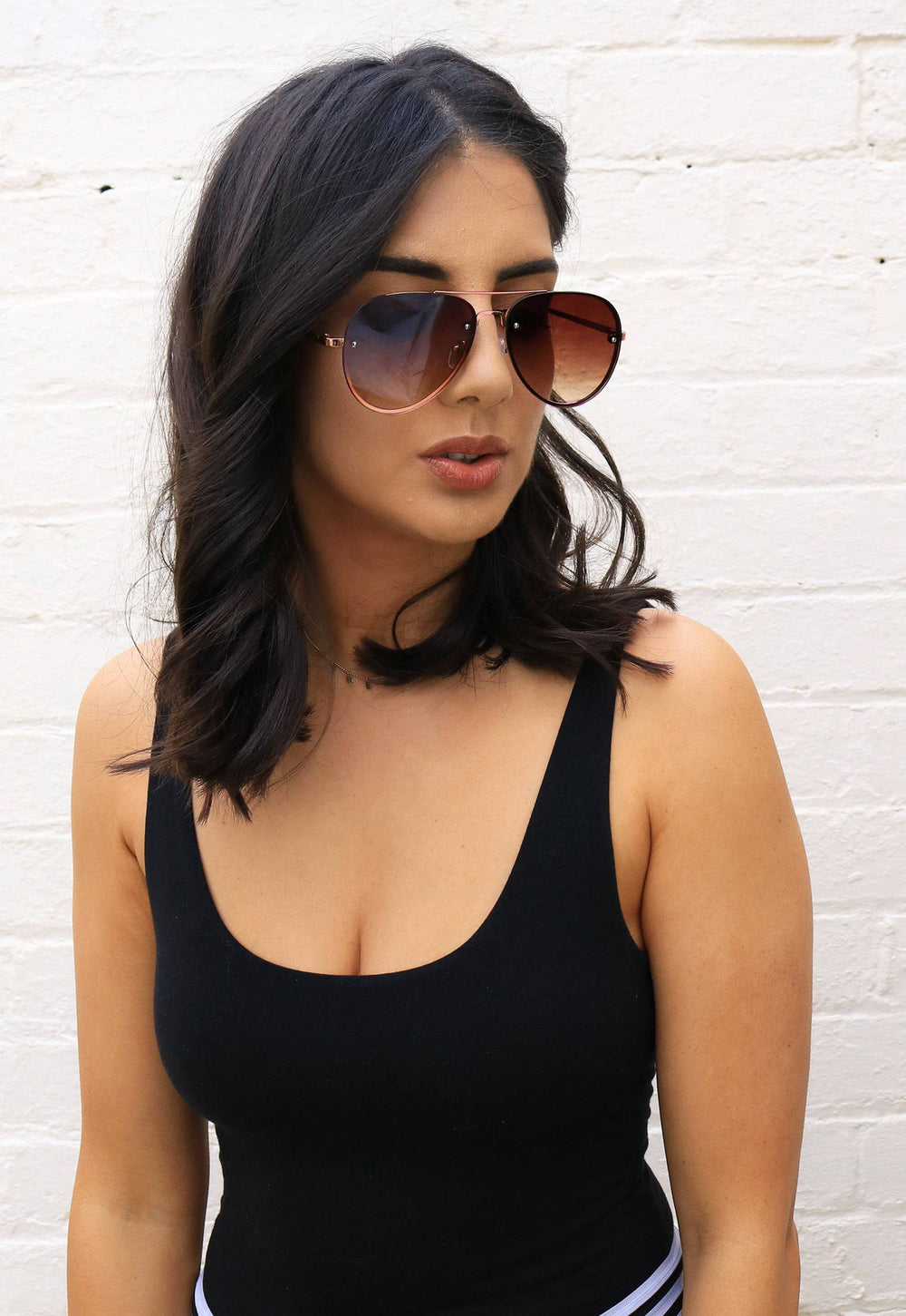 Lana Metal Rim Graduated Lens Oversized Aviator Sunglasses in Brown with Rose Gold Frame - One Nation Clothing