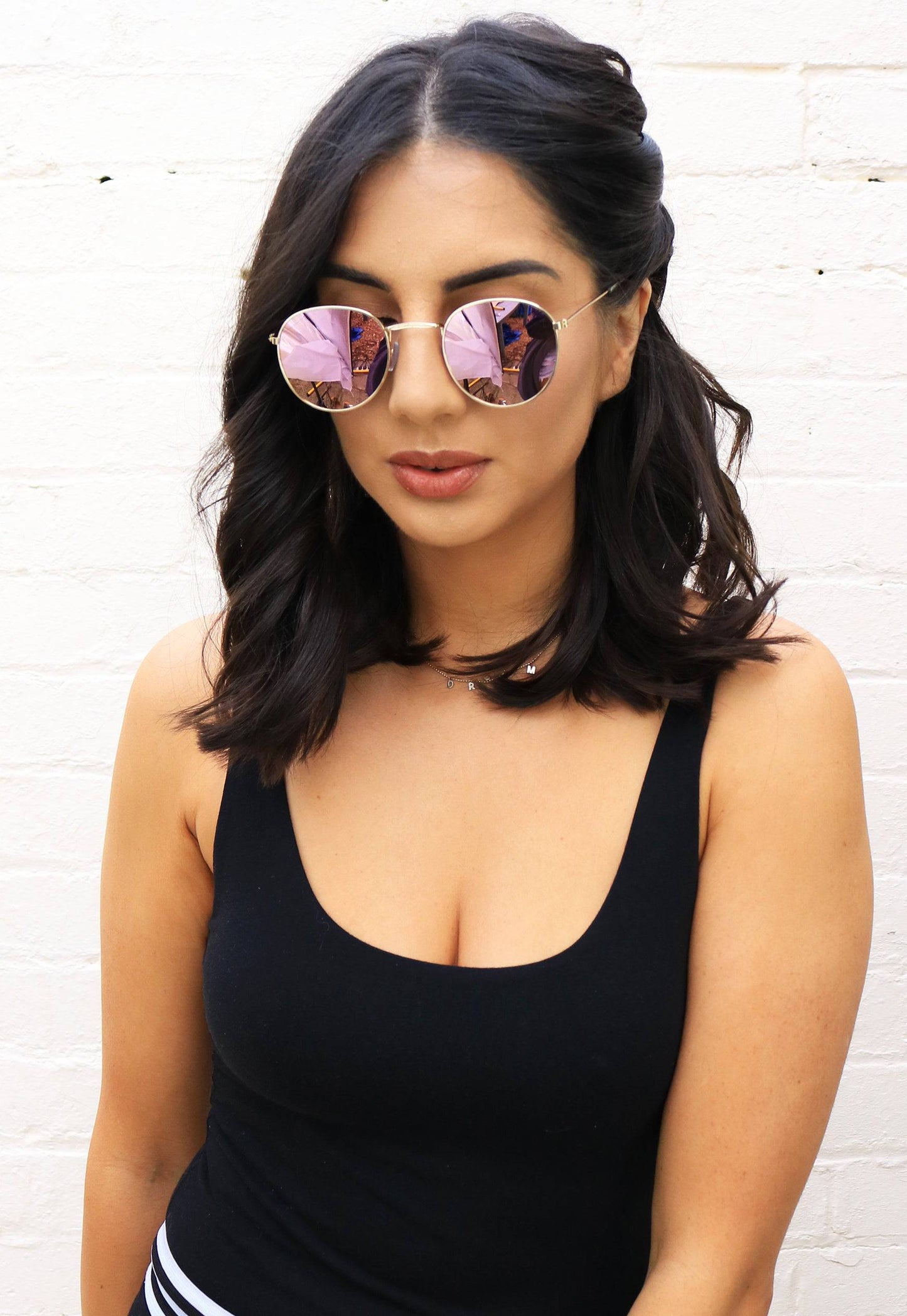 Rita Metal Rim Mirrored Small Retro Round Sunglasses in Pink Lens with Gold Frame - One Nation Clothing