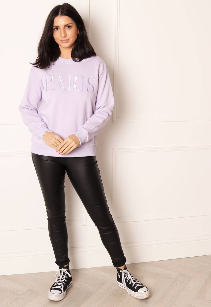 
                  
                    ONLY Paris Embroidered Slogan Sweatshirt in Lilac - One Nation Clothing
                  
                