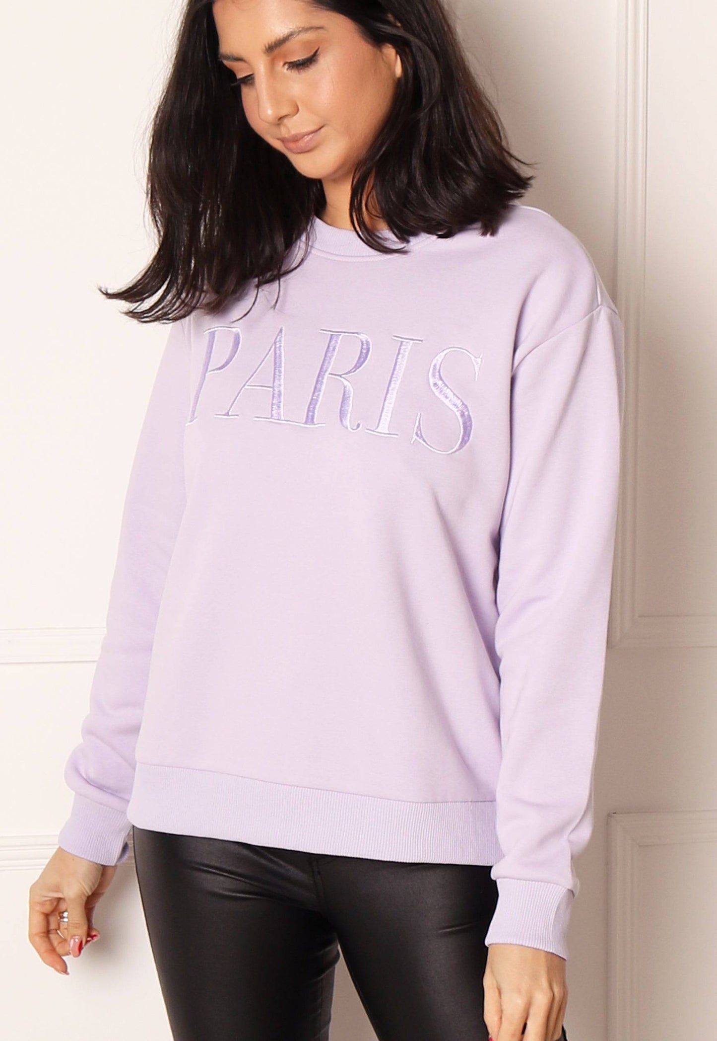 ONLY Paris Embroidered Slogan Sweatshirt in Lilac - One Nation Clothing