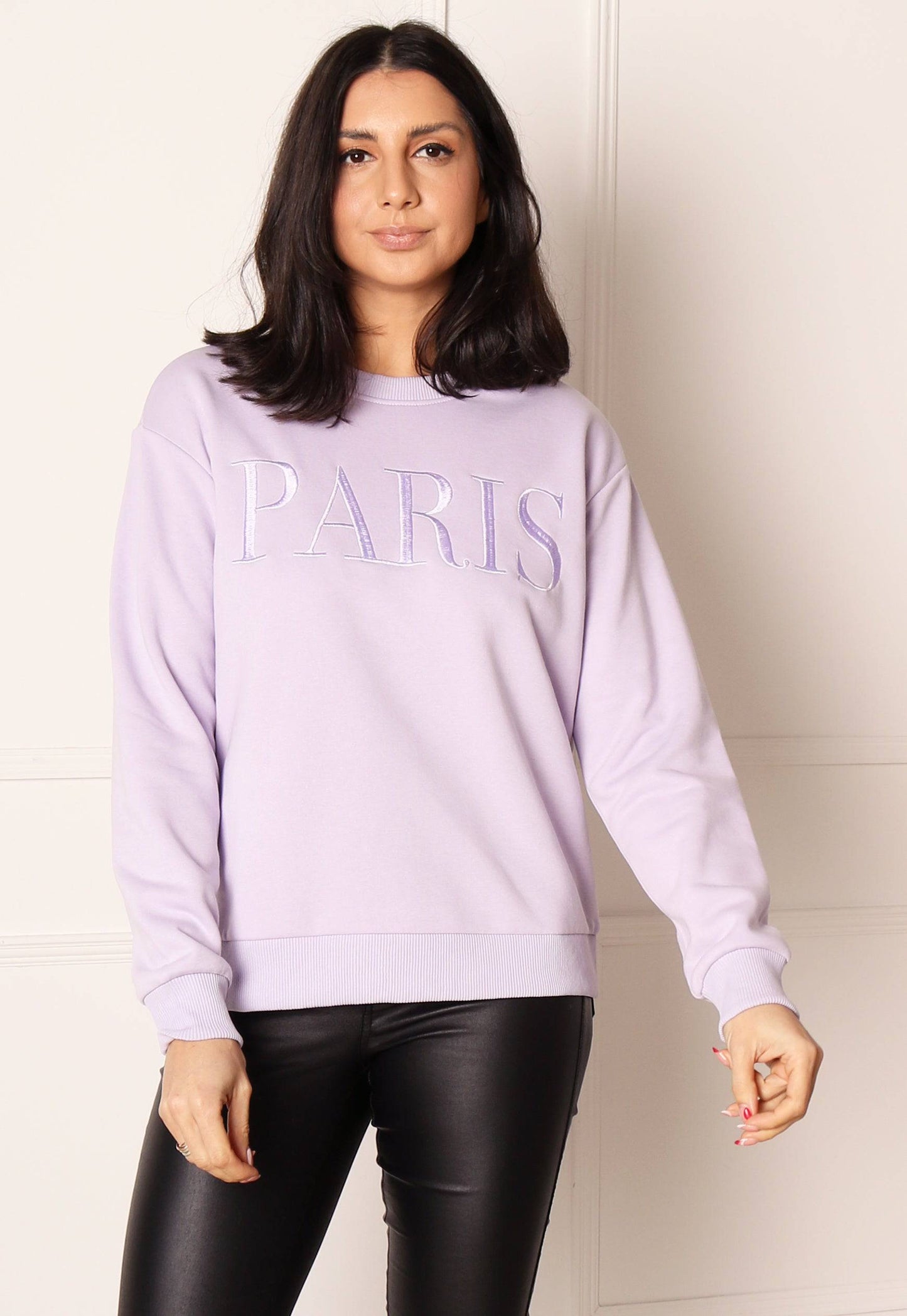 ONLY Paris Embroidered Slogan Sweatshirt in Lilac - One Nation Clothing