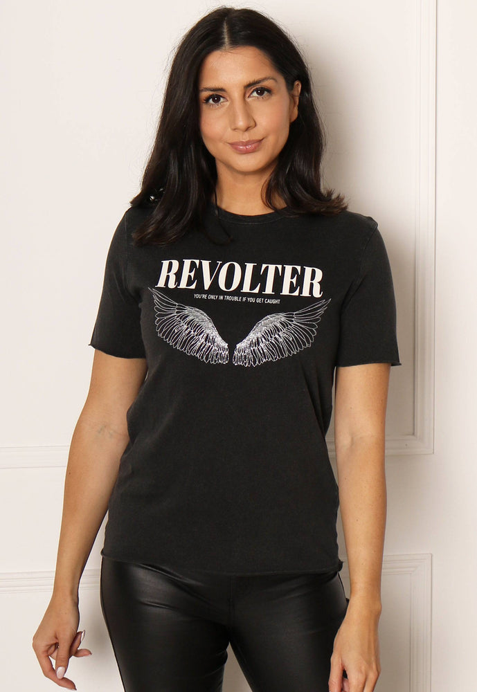 ONLY Lucy Revolter Wings Slogan Tee in Black Acid Wash - One Nation Clothing