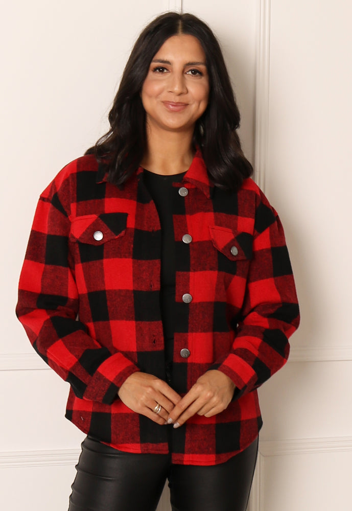 ONLY Brushed Check Shirt Shacket in Red & Black - One Nation Clothing