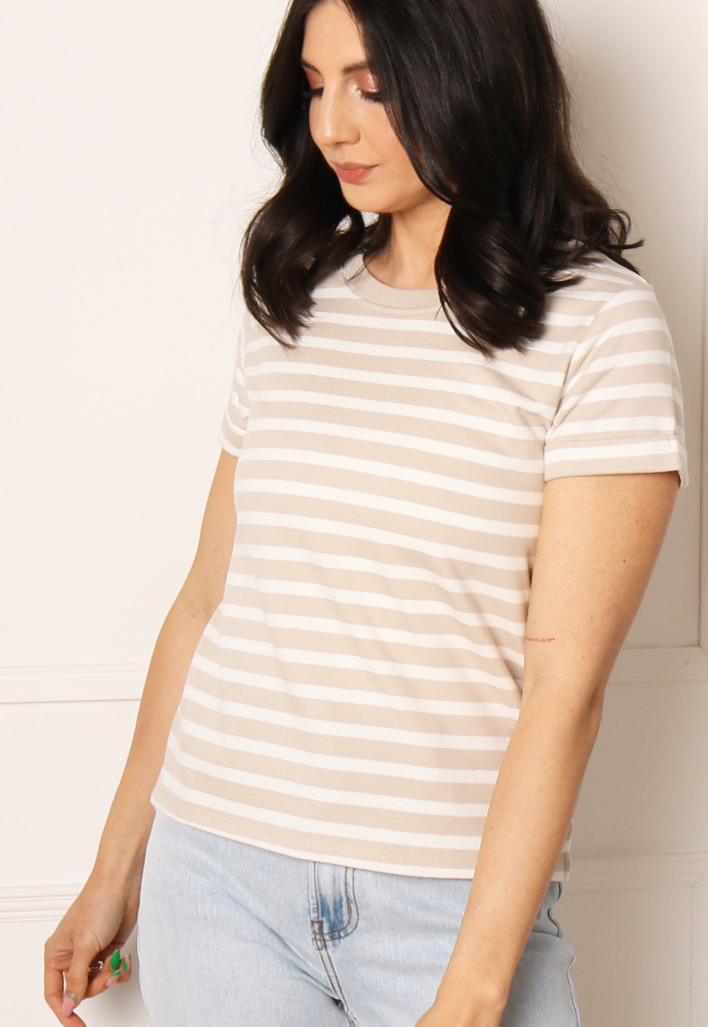 
                  
                    JDY Stripe Short Sleeve T-shirt in Beige & White - One Nation Clothing
                  
                