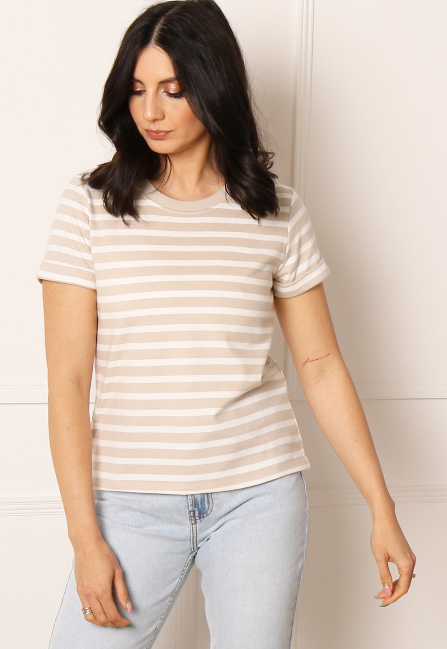 JDY Stripe Short Sleeve T-shirt in Beige & White - One Nation Clothing