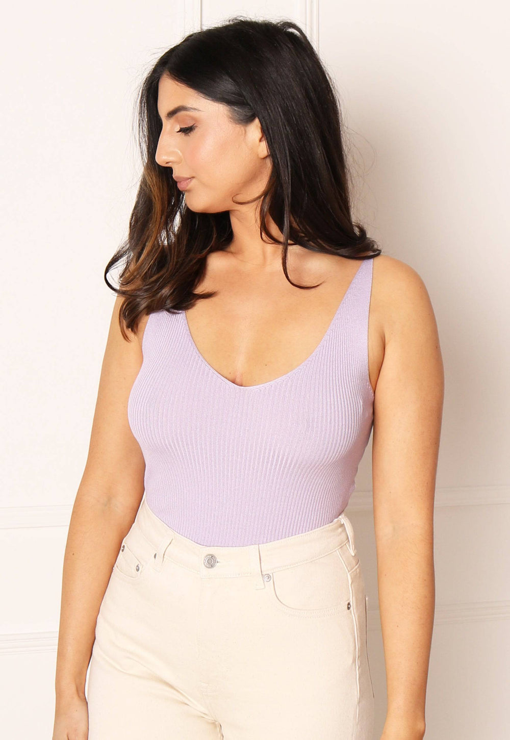 JDY Ribbed Knit V Neck Tank Top Vest in Lilac - One Nation Clothing