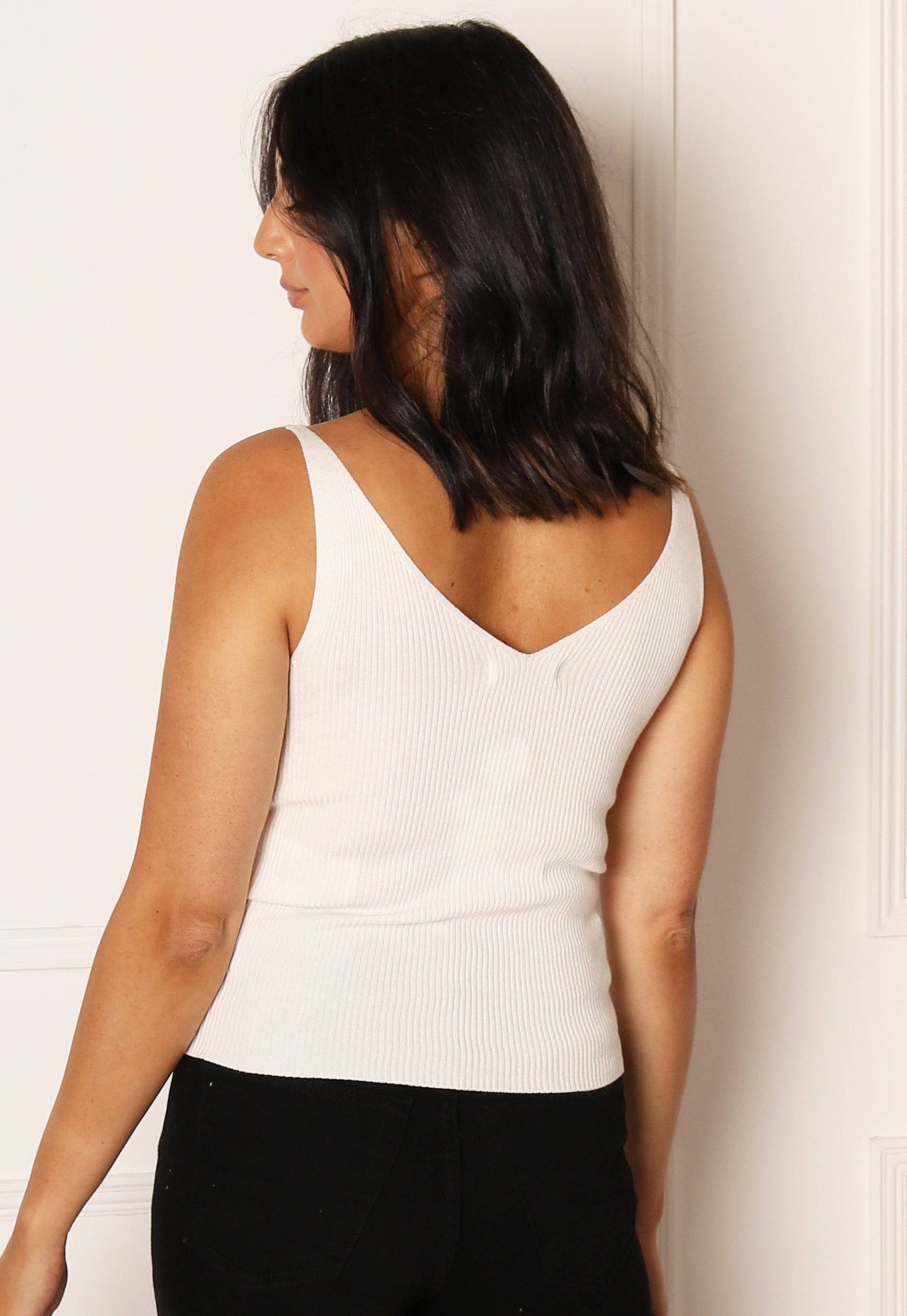 JDY Ribbed Knit V Neck Tank Top Vest in Soft Cream - One Nation Clothing