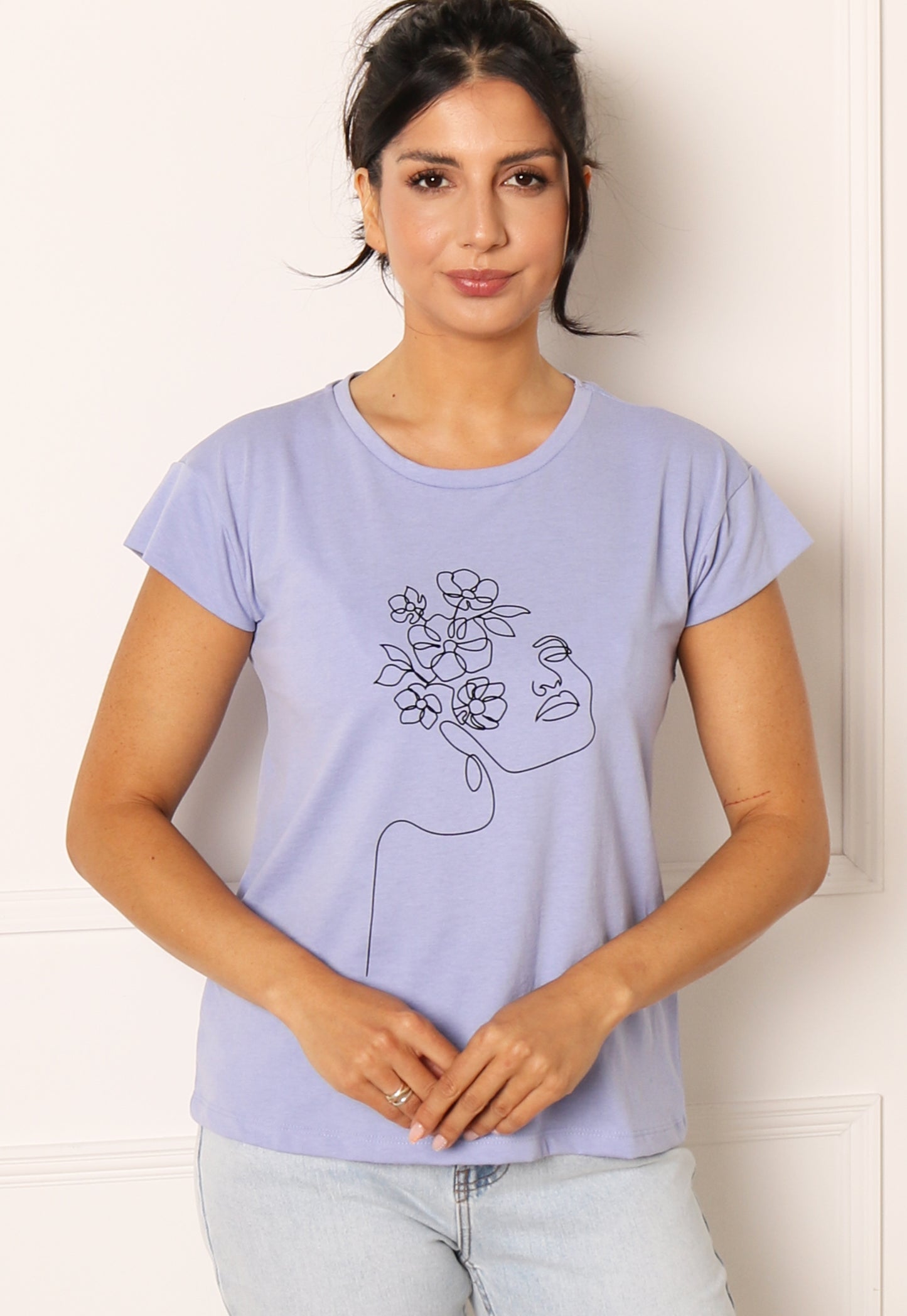 VILA Abstract One Line Woman's Face Drawing T-shirt in Light Blue - One Nation Clothing