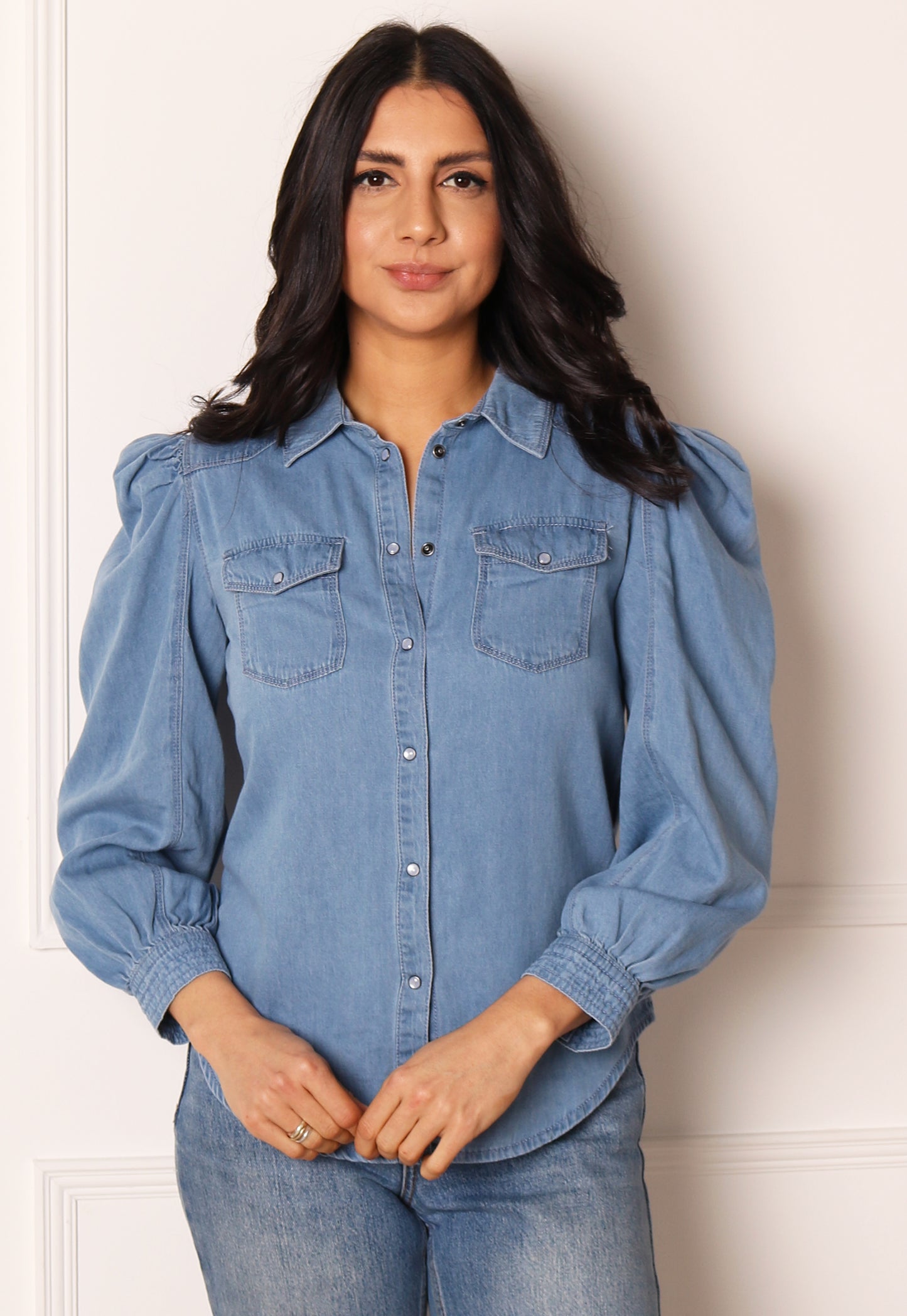 ONLY Mallory Fitted Denim Shirt with Puff Sleeve in Washed Blue - One Nation Clothing