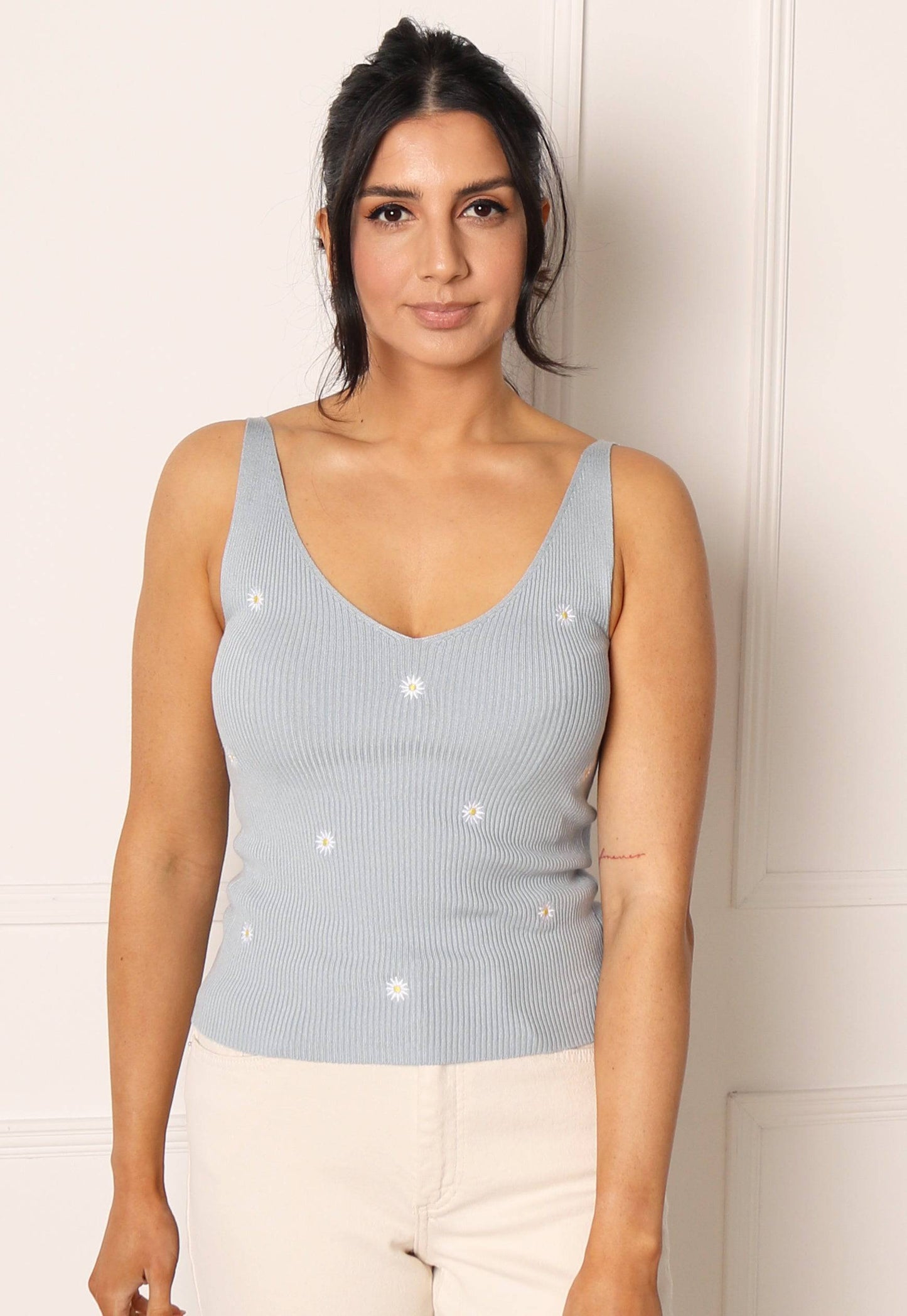 
                  
                    JDY Daisy Embroidered Ribbed Knit V Neck Tank Top Vest in Light Blue - One Nation Clothing
                  
                